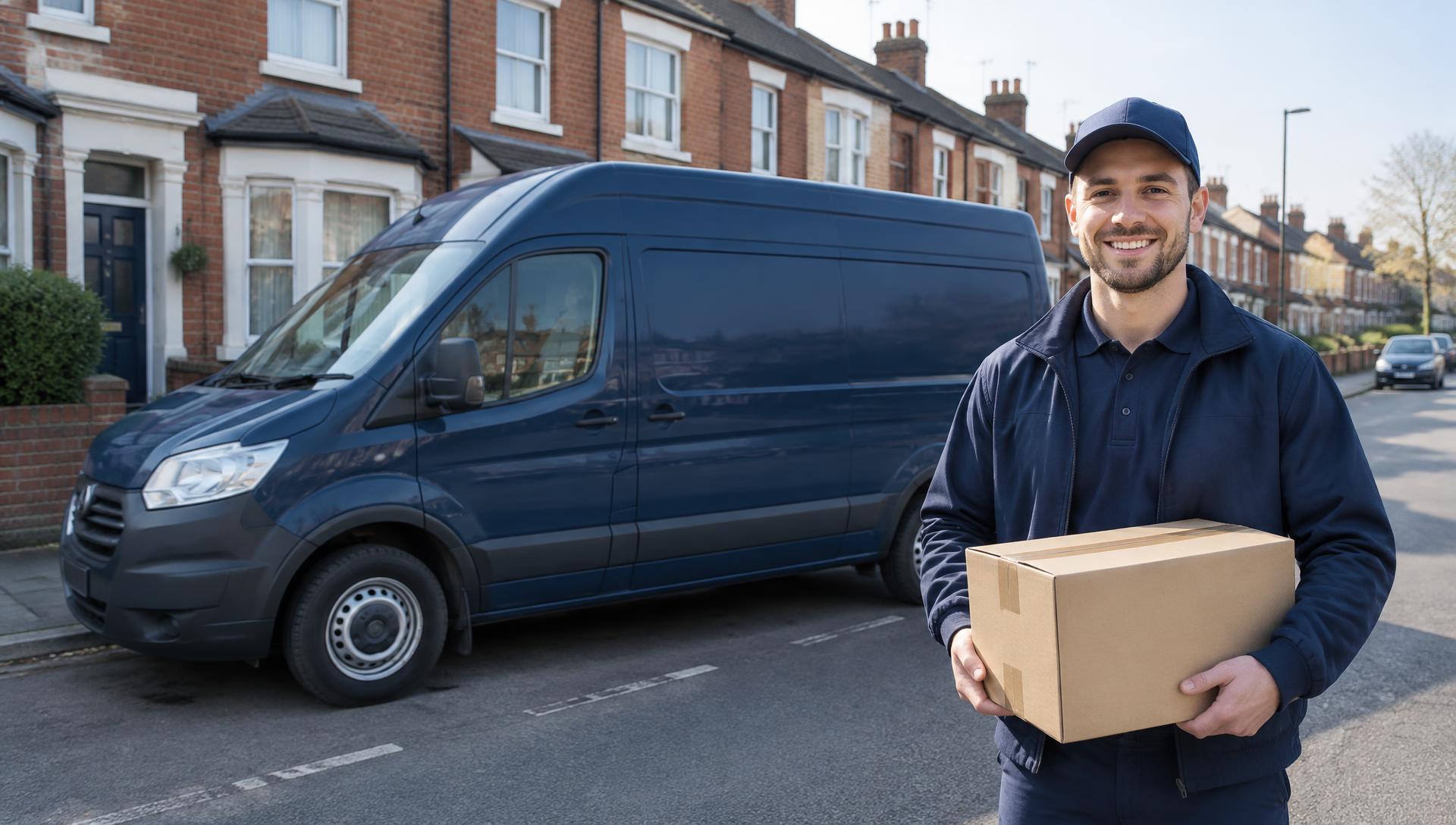 TrackParcel delivery driver next to a company van